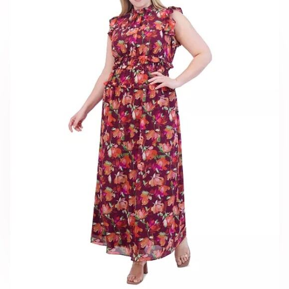 Vince Camuto Plus Size Printed Chiffon Ruffle Maxi Dress Floral Women’s Sz 22W - Picture 3 of 9